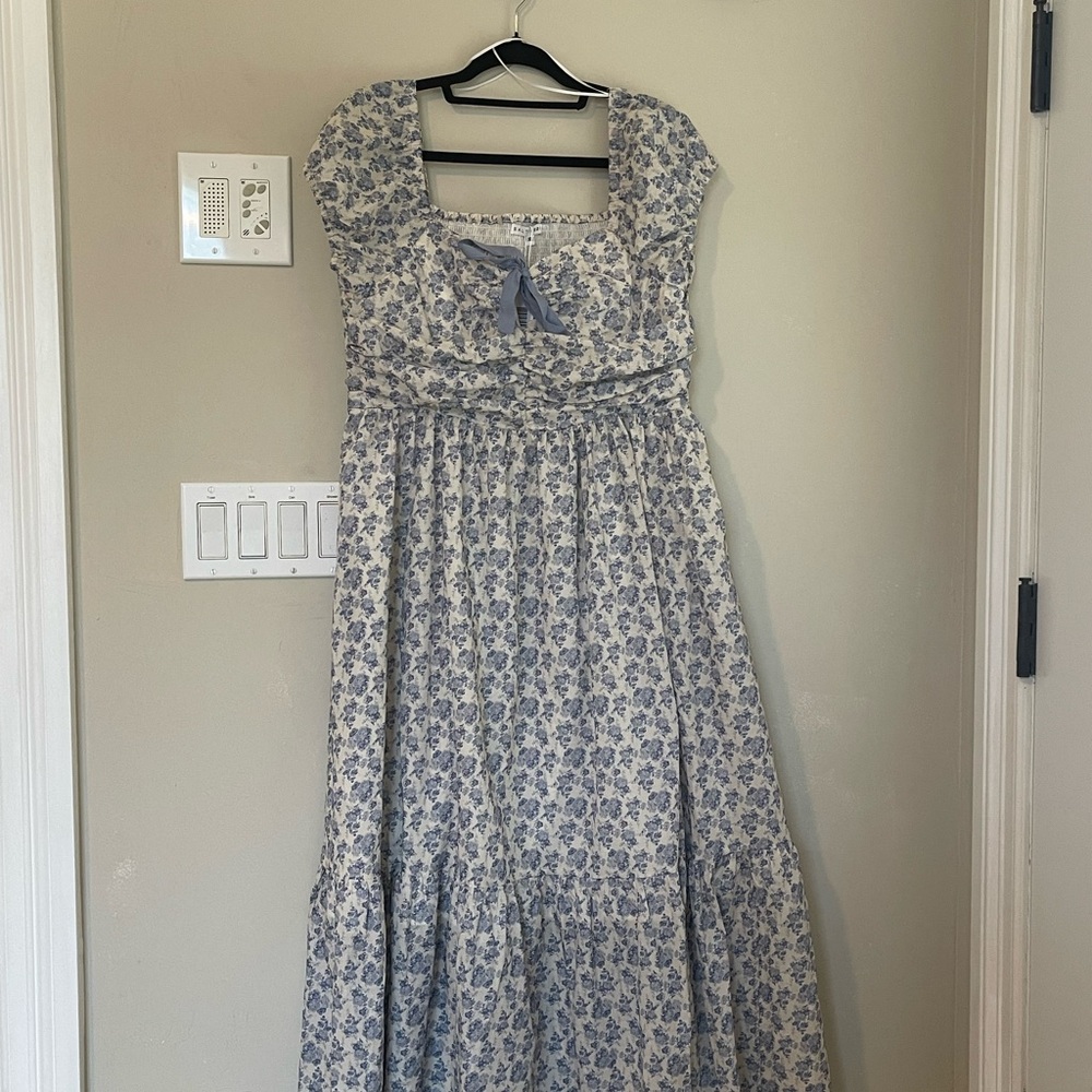 Baltic Born Blue and White Midi Sundress with Flutter Cap Sleeves